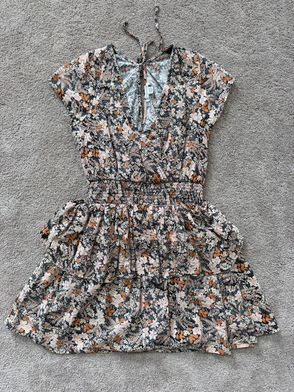 American Eagle Outfitters Ditsy Floral Ruffle Dress in Cream, Black & Peach